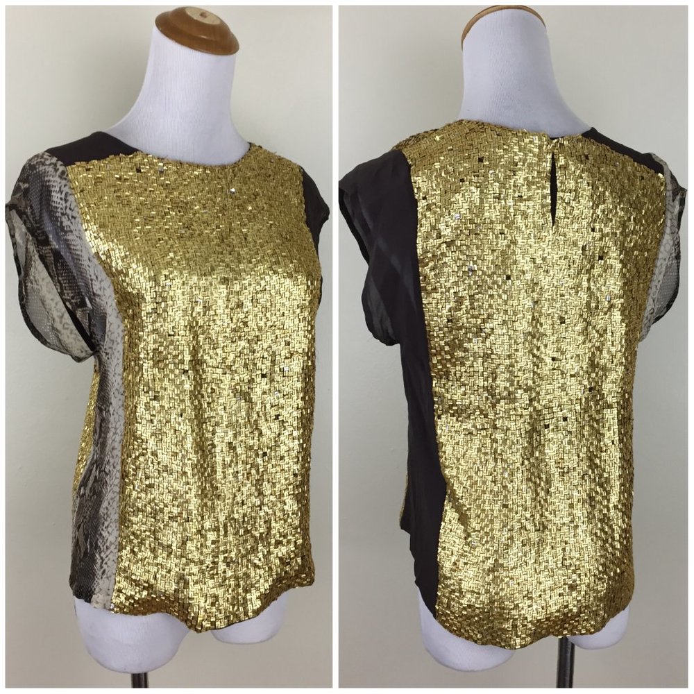 RENZO + KAI Gold Brown Ivory Python BOA 100% Silk Embellished Short Sleeve Top